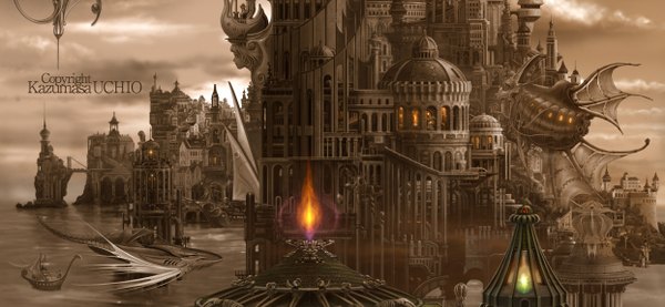 Anime picture 2487x1152 with original ucchiey highres wide image signed text city english architecture water window bottle castle aircraft watercraft ship boat airship
