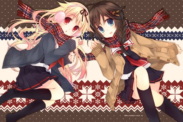 Anime picture 1500x999 with kantai collection shigure destroyer yuudachi destroyer suzushiro kurumi long hair looking at viewer open mouth blue eyes black hair blonde hair smile red eyes multiple girls ahoge lying braid (braids) :d pleated skirt open clothes open jacket