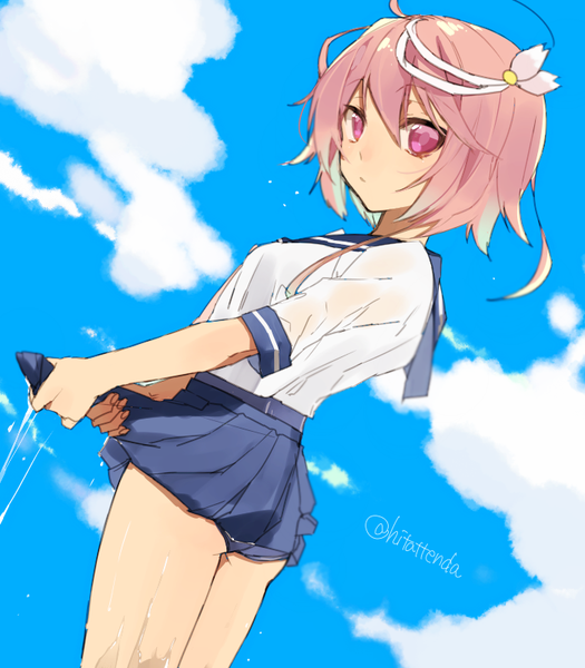 Anime picture 700x800 with kantai collection i-58 submarine hita (hitapita) single tall image looking at viewer short hair light erotic hair between eyes signed pink hair sky cloud (clouds) ahoge pink eyes from below pantyshot wet clothes wringing clothes girl