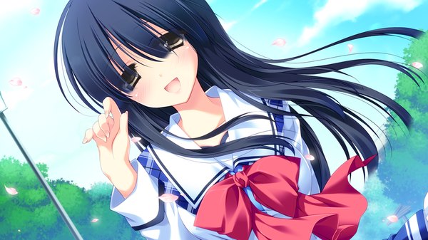 Anime picture 1024x576 with strawberry nauts long hair blush open mouth black hair wide image brown eyes game cg girl uniform school uniform