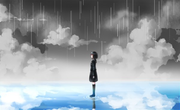 Anime picture 1474x900 with original akano sakura single short hair black hair wide image cloud (clouds) profile reflection rain girl socks black socks