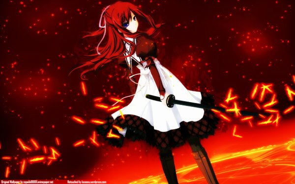 Anime picture 1280x800 with 11 eyes doga kobo kusakabe misuzu single long hair wide image purple eyes red hair looking back girl uniform ribbon (ribbons) hair ribbon school uniform sword fire