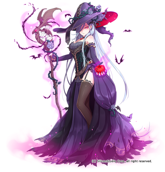 Anime picture 768x800 with gyakushuu no fantasica millgua single long hair tall image fringe simple background white background blue hair pink eyes hair over one eye witch girl thighhighs dress flower (flowers) black thighhighs hat detached sleeves rose (roses)