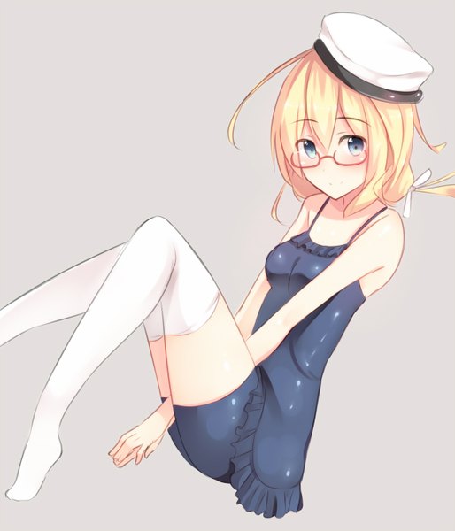 Anime picture 1200x1400 with kantai collection i-8 submarine hiiragi hajime single long hair tall image looking at viewer blush blue eyes light erotic blonde hair simple background smile sitting bare shoulders grey background between legs girl thighhighs dress