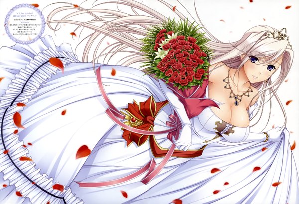 Anime picture 5806x3958 with princess lover charlotte hazellink komori kei single long hair blush highres blue eyes simple background white background absurdres white hair scan girl dress gloves flower (flowers) petals elbow gloves rose (roses)
