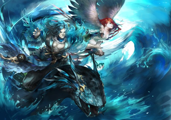 Anime picture 1200x848 with original youshun (naturaljuice) long hair fringe blue eyes light erotic yellow eyes blue hair red hair nail polish hair over one eye teeth fang (fangs) muscle girl boy wings water splashes snake