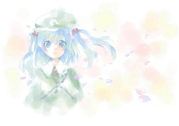 Anime picture 1131x800 with touhou kawashiro nitori ech single looking at viewer short hair blue eyes blue hair upper body wind two side up girl petals flat cap hair bobbles key