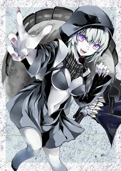 Anime picture 627x885 with kantai collection re-class battleship atoshi single tall image fringe short hair breasts open mouth light erotic smile large breasts purple eyes silver hair bent knee (knees) nail polish fingernails wind grey background open clothes