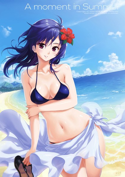 Anime picture 1000x1414 with original wox single long hair tall image looking at viewer breasts light erotic smile purple eyes blue hair sky cloud (clouds) hair flower beach shoes removed girl navel hair ornament flower (flowers)