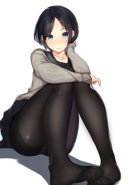 Anime picture 1265x1789 with original kagematsuri single tall image looking at viewer blush short hair blue eyes light erotic black hair simple background smile white background sitting full body bent knee (knees) pleated skirt from below knees together feet apart girl