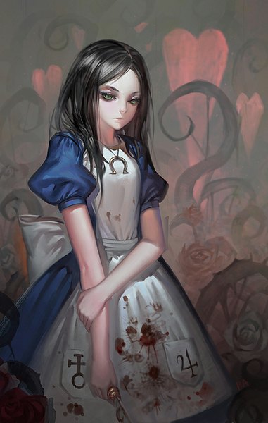 Anime picture 508x800 with american mcgee's alice (game) alice: madness returns alice (american mcgee's) alphonse (white datura) single long hair tall image fringe black hair holding green eyes lips puffy sleeves looking down eyebrows bloody clothes girl dress flower (flowers) weapon