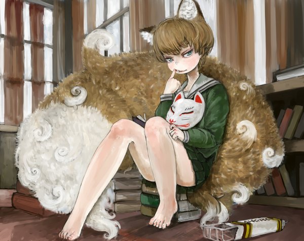 Anime picture 1258x1000 with original ebi (ebimomo) single looking at viewer short hair blue eyes brown hair sitting animal ears tail animal tail barefoot teeth bare legs fang (fangs) legs fox ears finger to mouth fox tail girl