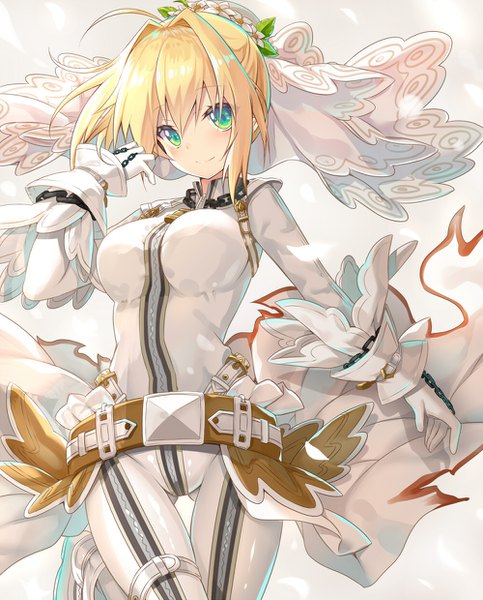 Anime picture 1000x1240 with fate (series) fate/extra fate/extra ccc nero claudius (fate) (all) nero claudius (fate) nero claudius (bride) (fate) yano mitsuki single tall image looking at viewer blush fringe short hair breasts simple background blonde hair smile hair between eyes green eyes ahoge