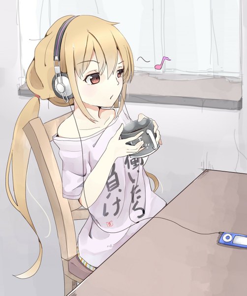 Anime picture 1256x1500 with idolmaster idolmaster cinderella girls ipod futaba anzu single long hair tall image blonde hair red eyes twintails bare shoulders holding payot clothes writing girl window headphones curtains chair table