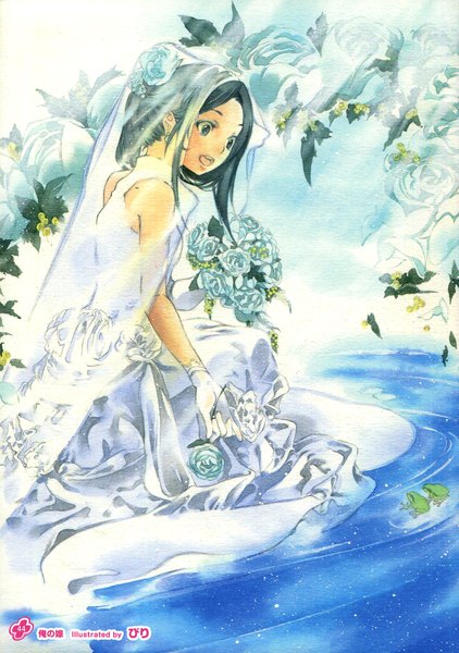 Anime picture 2530x3600 with girls, girls, girls! 11 (artbook) biri single long hair tall image looking at viewer highres open mouth blue eyes black hair signed scan official art wedding girl dress gloves flower (flowers) white gloves bouquet