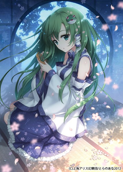 Anime picture 600x839 with touhou kochiya sanae an2a single long hair tall image green eyes traditional clothes green hair sunlight girl hair ornament flower (flowers) detached sleeves animal petals frills hairclip hair tubes snake
