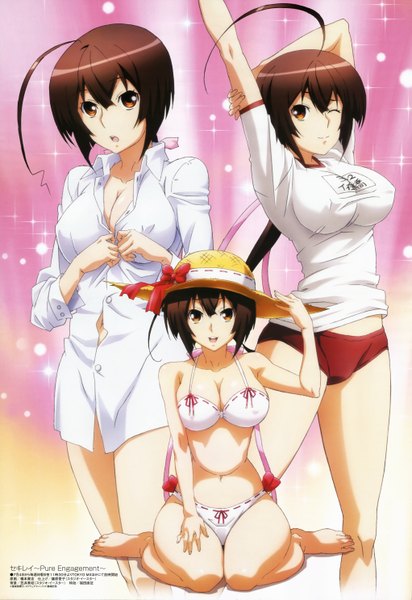 Anime picture 4084x5939 with sekirei megami magazine musubi hashimoto takayoshi tall image highres breasts light erotic brown hair multiple girls brown eyes absurdres ahoge official art huge breasts girl uniform swimsuit hat bikini