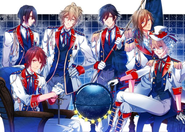 Anime picture 1294x925 with uta no prince-sama a-1 pictures jinguji ren hijirikawa masato ichinose tokiya ittoki otoya kurusu shou shinomiya natsuki roa huduki (artist) long hair looking at viewer short hair open mouth blue eyes blonde hair smile red eyes brown hair standing sitting