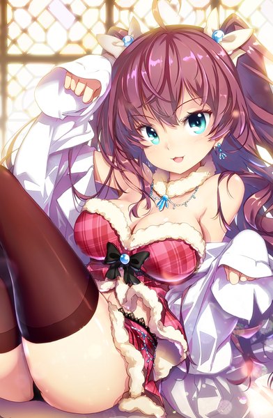 Anime picture 653x1000 with idolmaster idolmaster cinderella girls ichinose shiki hong (white spider) single long hair tall image looking at viewer blush fringe breasts blue eyes light erotic brown hair large breasts light smile two side up girl thighhighs underwear