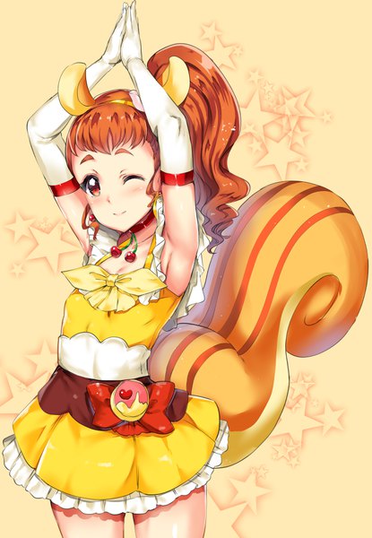 Anime picture 700x1011 with precure kirakira precure a la mode toei animation arisugawa himari cure custard kamishiro ryuu single long hair tall image looking at viewer blush fringe simple background red eyes animal ears ponytail tail animal tail one eye closed wink