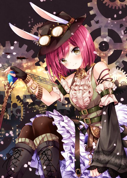Anime picture 700x979 with original nogi takayoshi single tall image looking at viewer blush fringe short hair smile sitting bare shoulders brown eyes pink hair bent knee (knees) head tilt arm up wide sleeves shadow lacing city lights