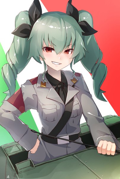 Anime picture 700x1036 with girls und panzer anchovy (girls und panzer) meth (emethmeth) single long hair tall image looking at viewer blush breasts smile red eyes twintails green hair hand on hip drill hair smirk crazy smile girl uniform ribbon (ribbons)