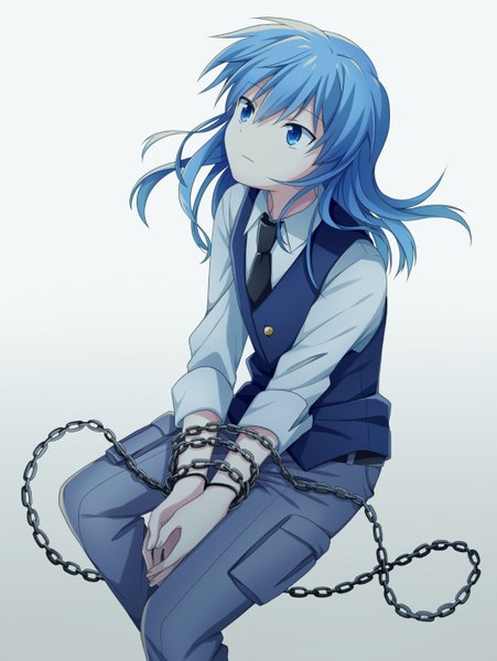 Anime picture 1068x1421 with ansatsu kyoushitsu shiota nagisa soranagi single long hair tall image fringe blue eyes simple background sitting blue hair looking away gradient background looking up twisty sleeves boy uniform school uniform shirt necktie