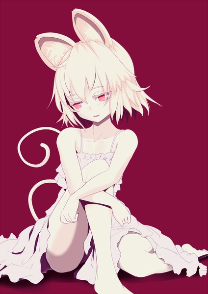 Anime picture 960x1357 with touhou nazrin ishikkoro single tall image looking at viewer blush fringe short hair open mouth light erotic simple background smile red eyes sitting bare shoulders animal ears white hair tail animal tail