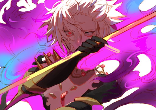 Anime picture 955x675 with fate (series) fate/apocrypha karna (fate) kibadori rue single looking at viewer short hair upper body white hair wind heterochromia boy gloves black gloves spikes