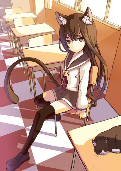 Anime picture 707x1000 with original 108tooya single long hair tall image looking at viewer fringe purple eyes animal ears indoors tail animal tail cat ears shadow cat girl cat tail checkered floor floor checkered classroom
