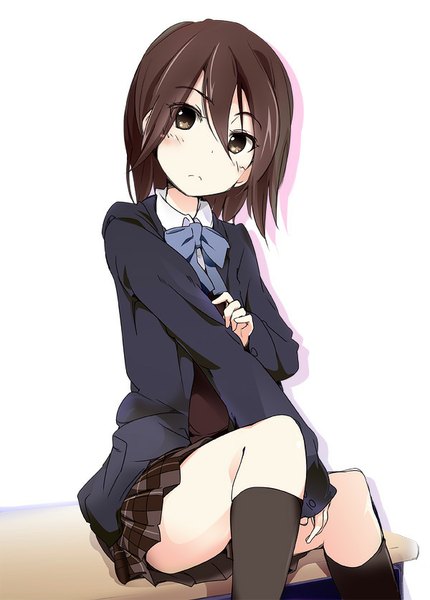 Anime picture 600x836 with kokoro connect silver link inaba himeko ixy single tall image looking at viewer blush short hair simple background brown hair white background sitting brown eyes pleated skirt girl skirt uniform school uniform socks