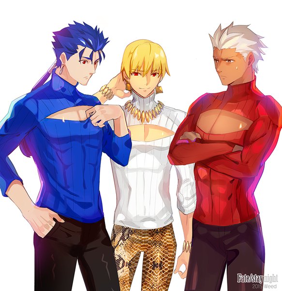 Anime picture 900x926 with fate (series) fate/stay night type-moon gilgamesh (fate) archer (fate) cu chulainn (fate) cu chulainn (fate/stay night) astarone long hair tall image short hair simple background blonde hair red eyes white background blue hair looking away white hair ponytail multiple boys