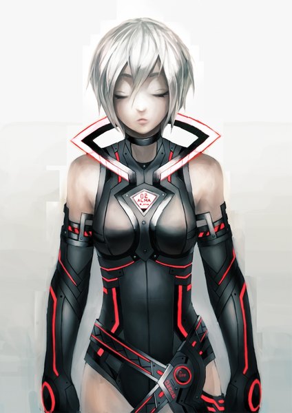 Anime picture 1273x1800 with original spark621 single tall image short hair simple background white background bare shoulders silver hair eyes closed girl detached sleeves belt bodysuit