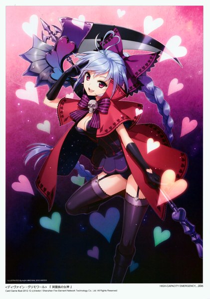 Anime picture 2837x4047 with an2a single tall image highres open mouth red eyes silver hair braid (braids) very long hair scan girl thighhighs dress gloves bow weapon black thighhighs hair bow heart