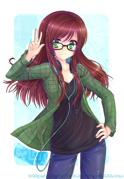 Anime picture 1200x1736 with original rimapichi single long hair tall image blush smile brown hair green eyes hand on hip victory girl glasses headphones jeans