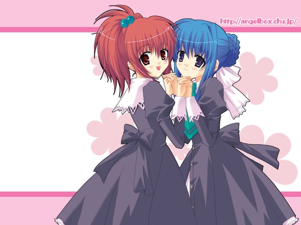 Anime picture 1280x960 with strawberry panic madhouse aoi nagisa suzumi tamao blush open mouth blue eyes red eyes multiple girls blue hair red hair light smile turning head holding hands girl uniform hair ornament flower (flowers) ribbon (ribbons) 2 girls