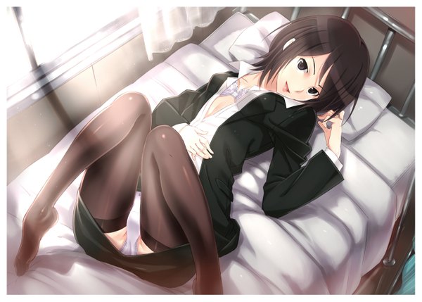 Anime picture 1300x931 with amagami takahashi maya jirou (62sand3gemt9) single looking at viewer short hair light erotic black hair smile lying black eyes open clothes open shirt teacher girl thighhighs skirt underwear panties black thighhighs