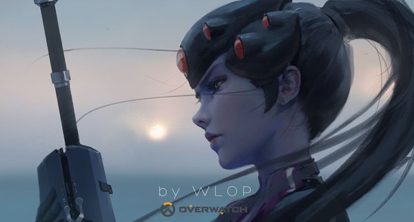 Anime picture 1566x842 with overwatch blizzard entertainment widowmaker (overwatch) wlop single long hair black hair wide image signed yellow eyes looking away upper body ponytail profile wind sunlight copyright name lipstick expressionless logo