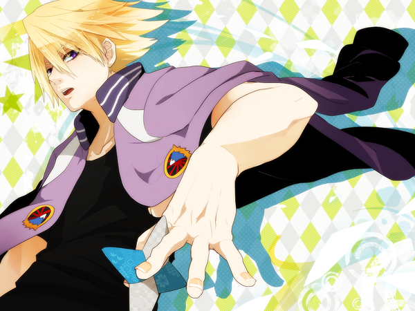 Anime picture 1600x1200 with tiger & bunny sunrise (studio) ivan karelin yon (artist) single short hair open mouth blonde hair purple eyes clothes on shoulders boy jacket t-shirt