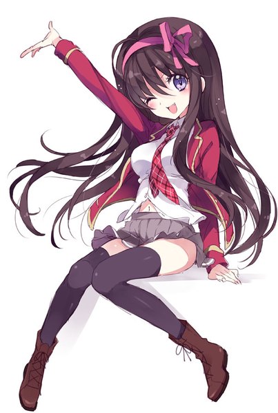 Anime picture 600x892 with noucome yuuouji ouka yukiwo single long hair tall image blush fringe open mouth black hair simple background hair between eyes white background sitting purple eyes one eye closed wink arm support bare belly outstretched arm