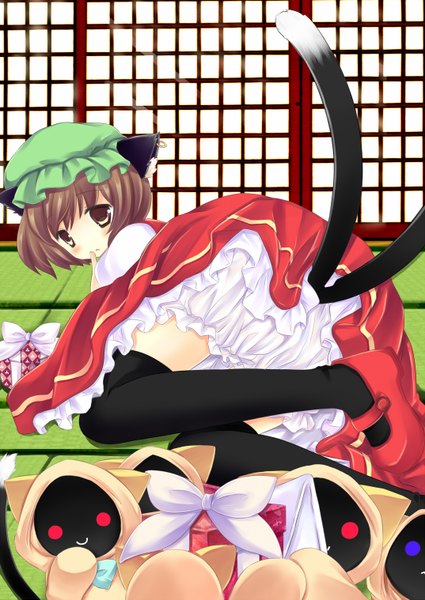 Anime picture 1074x1517 with touhou chen natsu dora (artist) tall image short hair brown hair brown eyes animal ears lying animal tail looking back cat ears cat tail girl thighhighs black thighhighs headdress