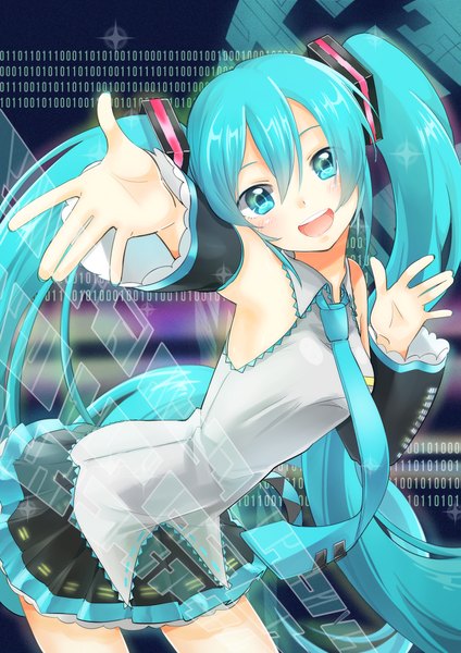 Anime picture 1447x2046 with vocaloid hatsune miku agonasubi single tall image blush open mouth smile twintails very long hair pleated skirt aqua eyes aqua hair armpit (armpits) leaning leaning forward girl skirt detached sleeves necktie