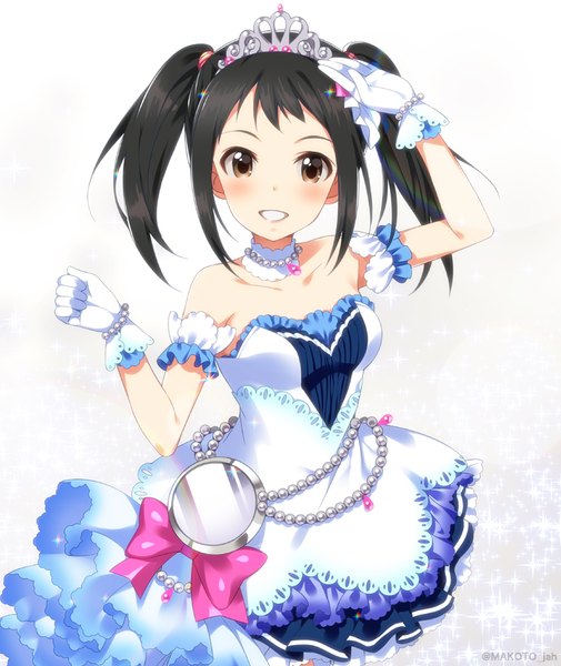Anime picture 800x950 with idolmaster idolmaster cinderella girls idolmaster cinderella girls starlight stage nakano yuka mizuki makoto single long hair tall image looking at viewer blush fringe open mouth black hair twintails bare shoulders brown eyes starry sky bright girl dress gloves
