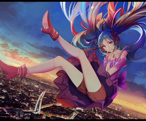 Anime picture 1000x828 with project diva f 2nd vocaloid hatsune miku mconch single long hair looking at viewer fringe blue eyes smile bare shoulders blue hair pink hair purple hair cloud (clouds) red hair multicolored hair night night sky city
