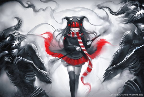 Anime picture 1280x863 with original sakimichan long hair black hair smile one eye closed multicolored hair wink two-tone hair demon girl thighhighs skirt hat scarf monster
