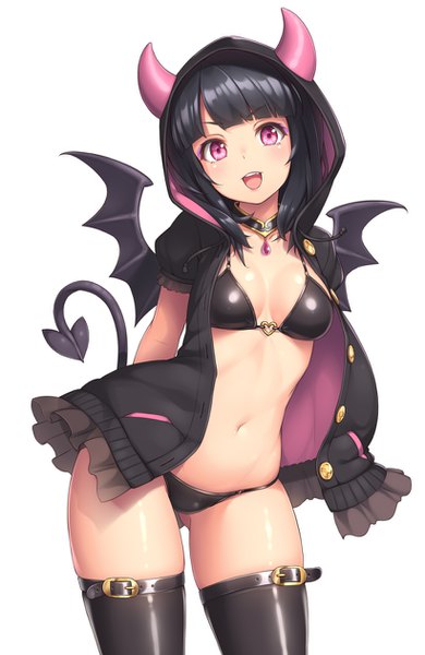 Anime picture 820x1260 with original sasaame single tall image looking at viewer blush fringe short hair breasts open mouth light erotic black hair simple background smile white background :d pink eyes ass visible through thighs girl thighhighs