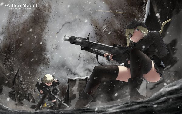 Anime picture 1920x1200 with original ling (cg sky) highres blue eyes blonde hair wide image multiple girls ass wind snowing winter snow girl thighhighs weapon black thighhighs 2 girls gun eyepatch field cap