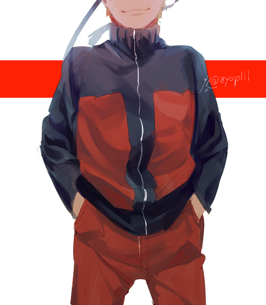 Anime picture 874x1000 with naruto studio pierrot naruto (series) uzumaki naruto zifletts single tall image short hair blonde hair smile standing white background signed twitter username head out of frame hands in pockets jinchuriki boy jacket