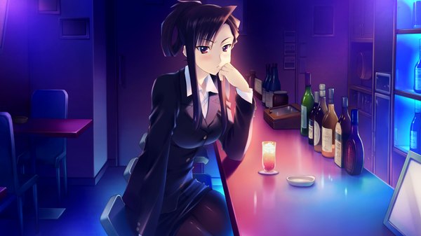 Anime picture 1280x720 with white album 2 single long hair blush black hair red eyes wide image sitting game cg chin rest girl suit