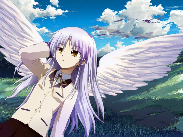 Anime picture 1600x1200 with angel beats! key (studio) tachibana kanade long hair yellow eyes sky purple hair cloud (clouds) angel uniform plant (plants) school uniform wings grass